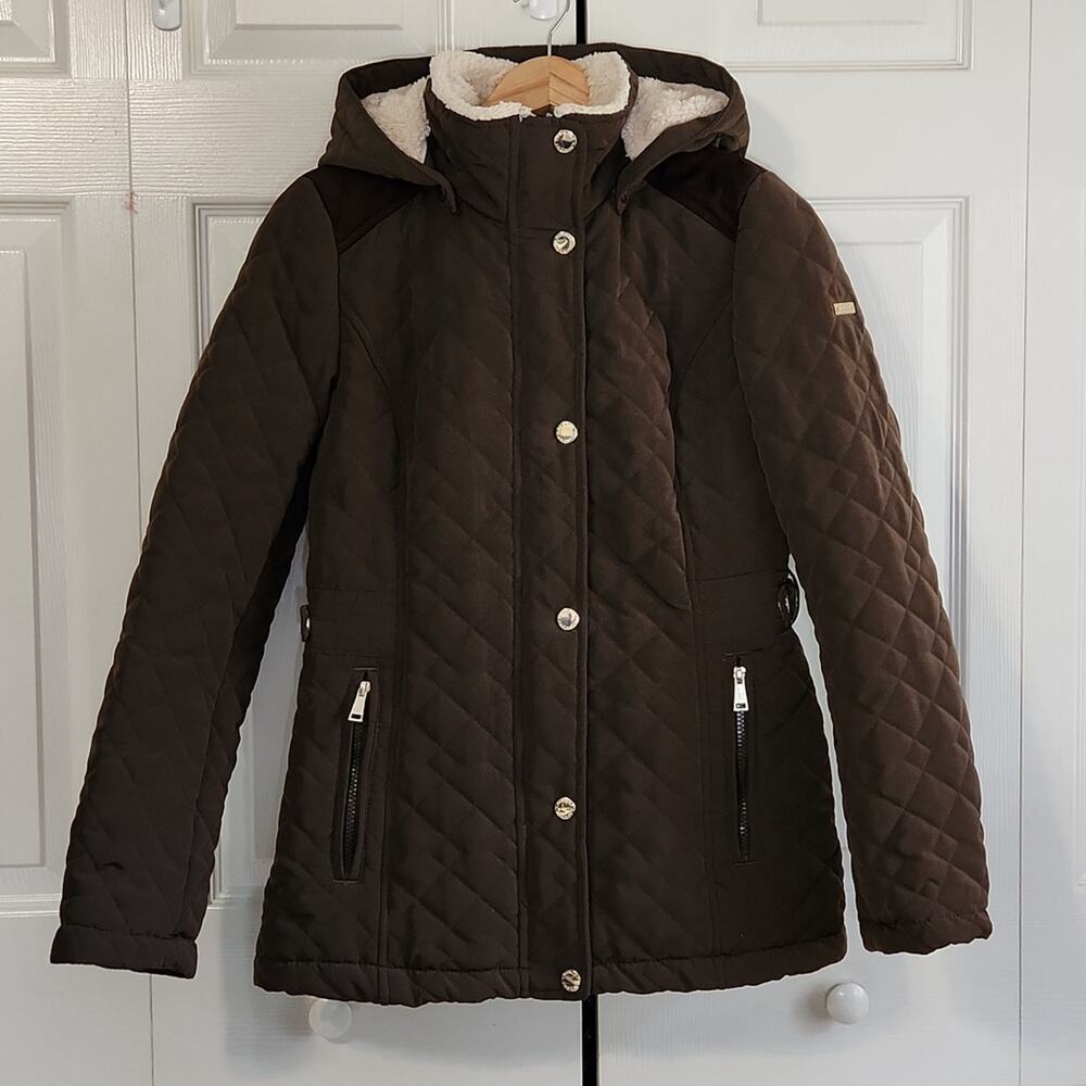 Laundry By Shelli Segal Brown‎ Hooded Quilted Puffer Coat  XS Midi Granola Girl